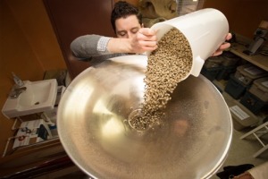 Jeremy Harris of Reverb Coffee pours green, unroasted Guatamalan coffee beans into the hopper of his Ambex roaster (Memphis News/Andrew J. Breig)